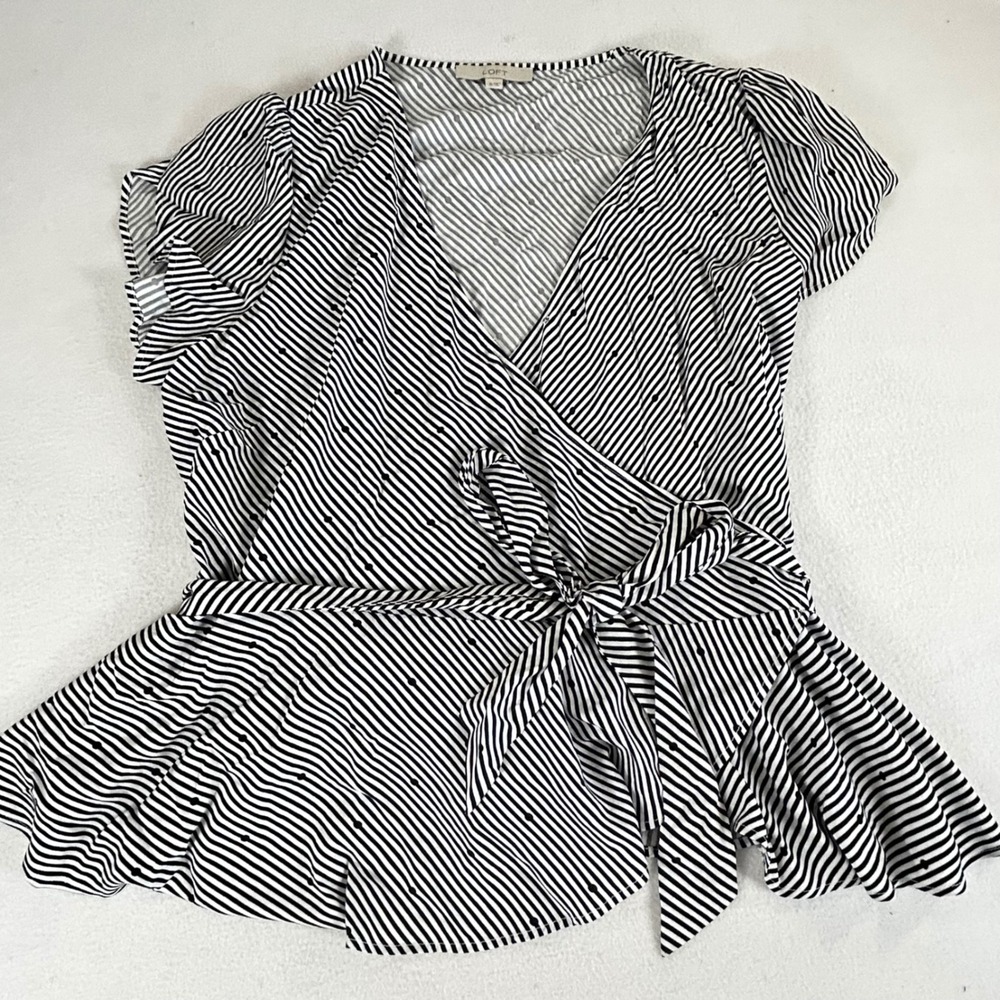 LOFT Womens XL Black White Striped Polka Dot Wrap Peplum Blouse Top Viscose
